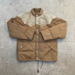 Vintage 70s Jacket Western Two Tone Duck Down XL Leather Yoke Featherbed Brown